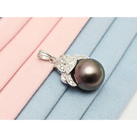 Unique 14K Solid White Gold Tahitian Pearl & Diamond Drop Dangle Charm Pendant